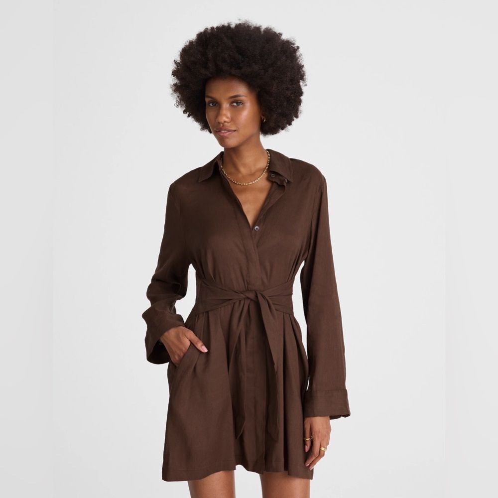 Madewell |  Tie-Front Shirtdress in a brown linen-blend fabric size 10